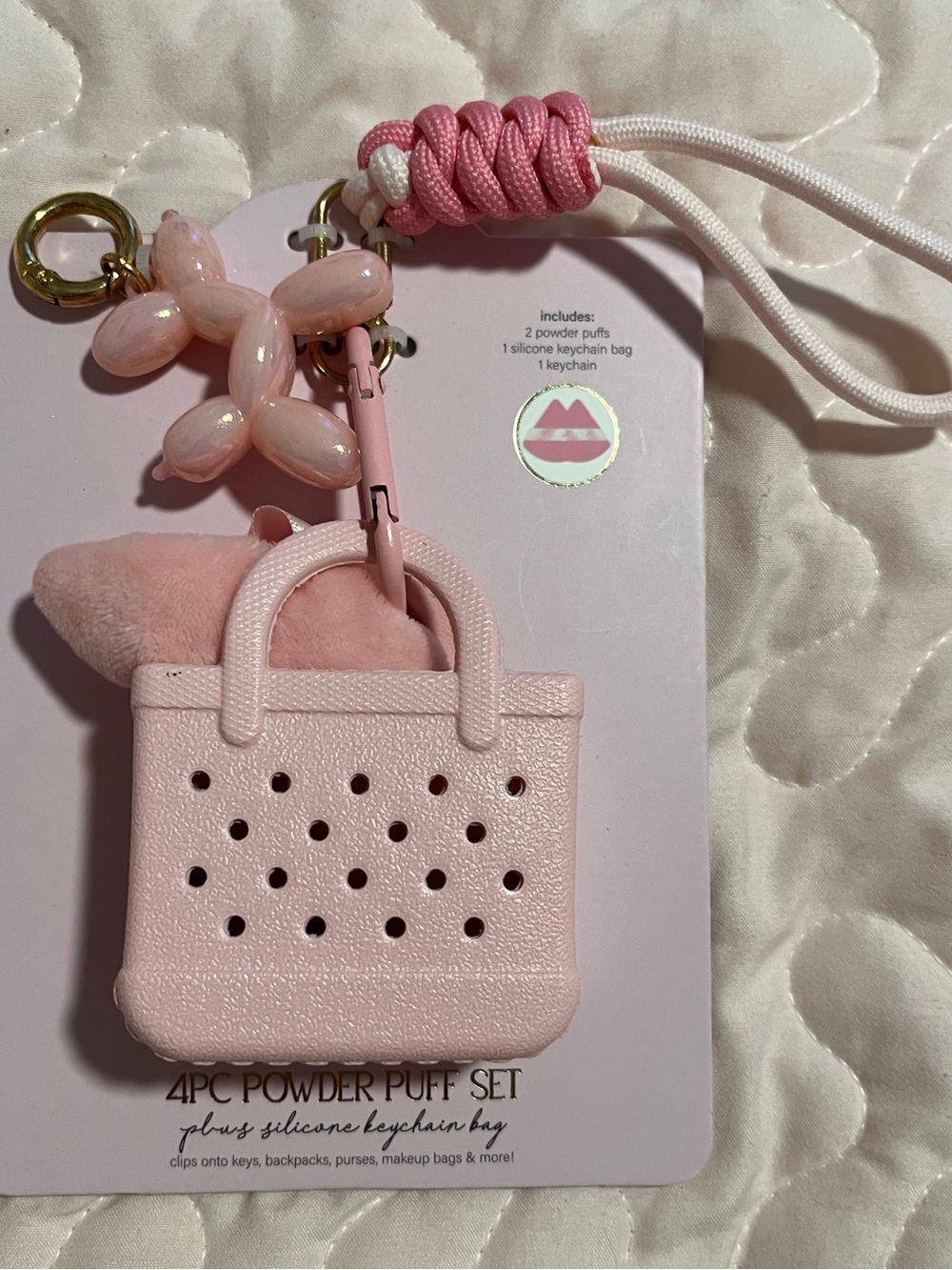 Pink Silicone Mini Purse Keychain Set with Powder Puff